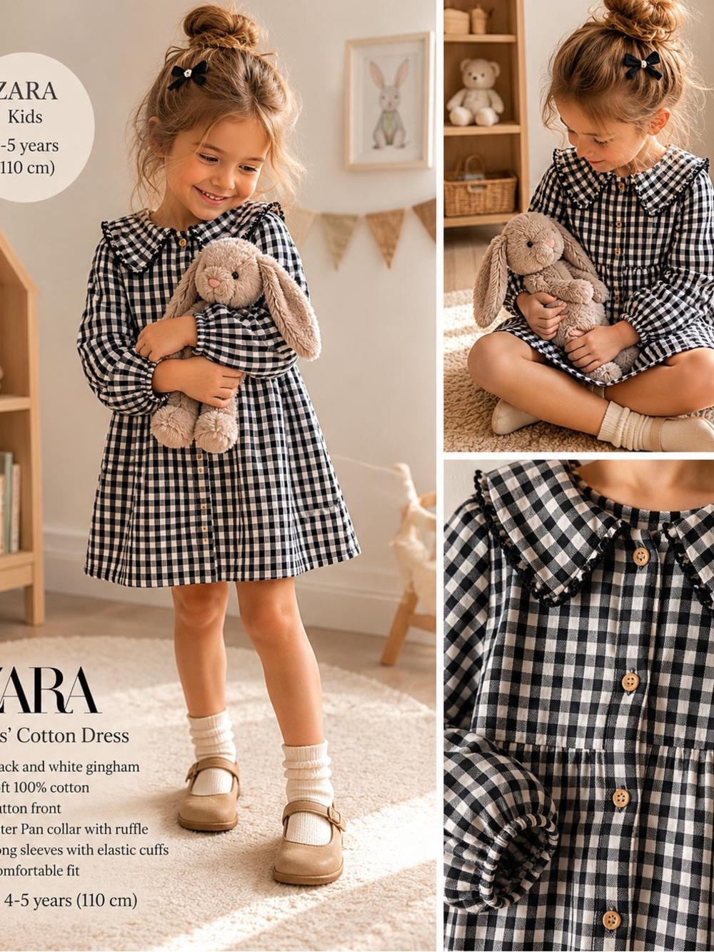 Zara Black & White Gingham Peter Pan Collar Dress
